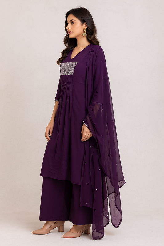 Royal Plum Georgette Silk Palazzo Suit with Dupatta