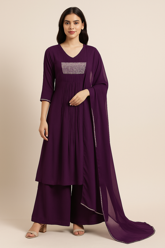 Royal Plum Georgette Silk Palazzo Suit with Dupatta