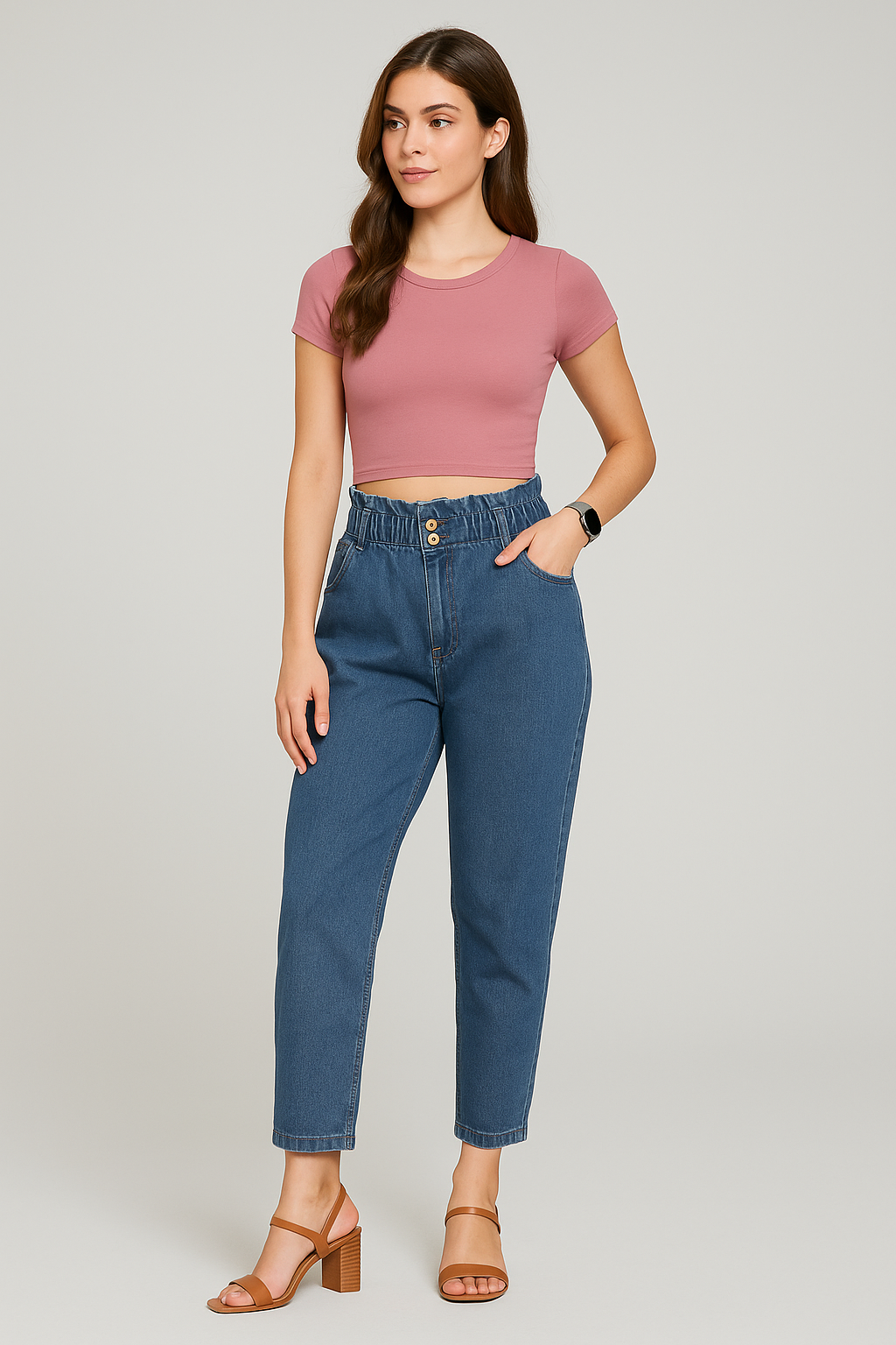 Woman wearing a pink crop top and blue jeans on a plain background