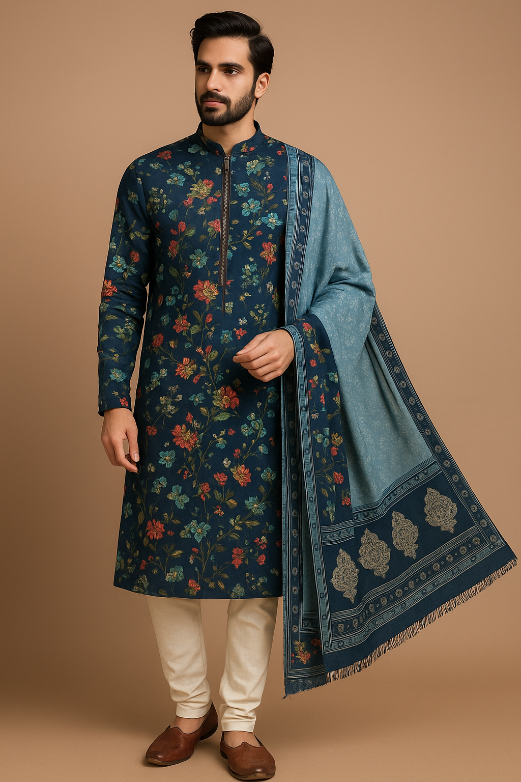 Regal Floral Printed Kurta Set with Dupatta – Teal Blue Elegance