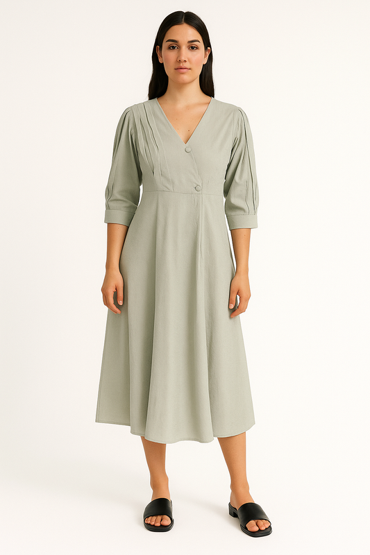 Sage Green Pleated Sleeve Midi Dress