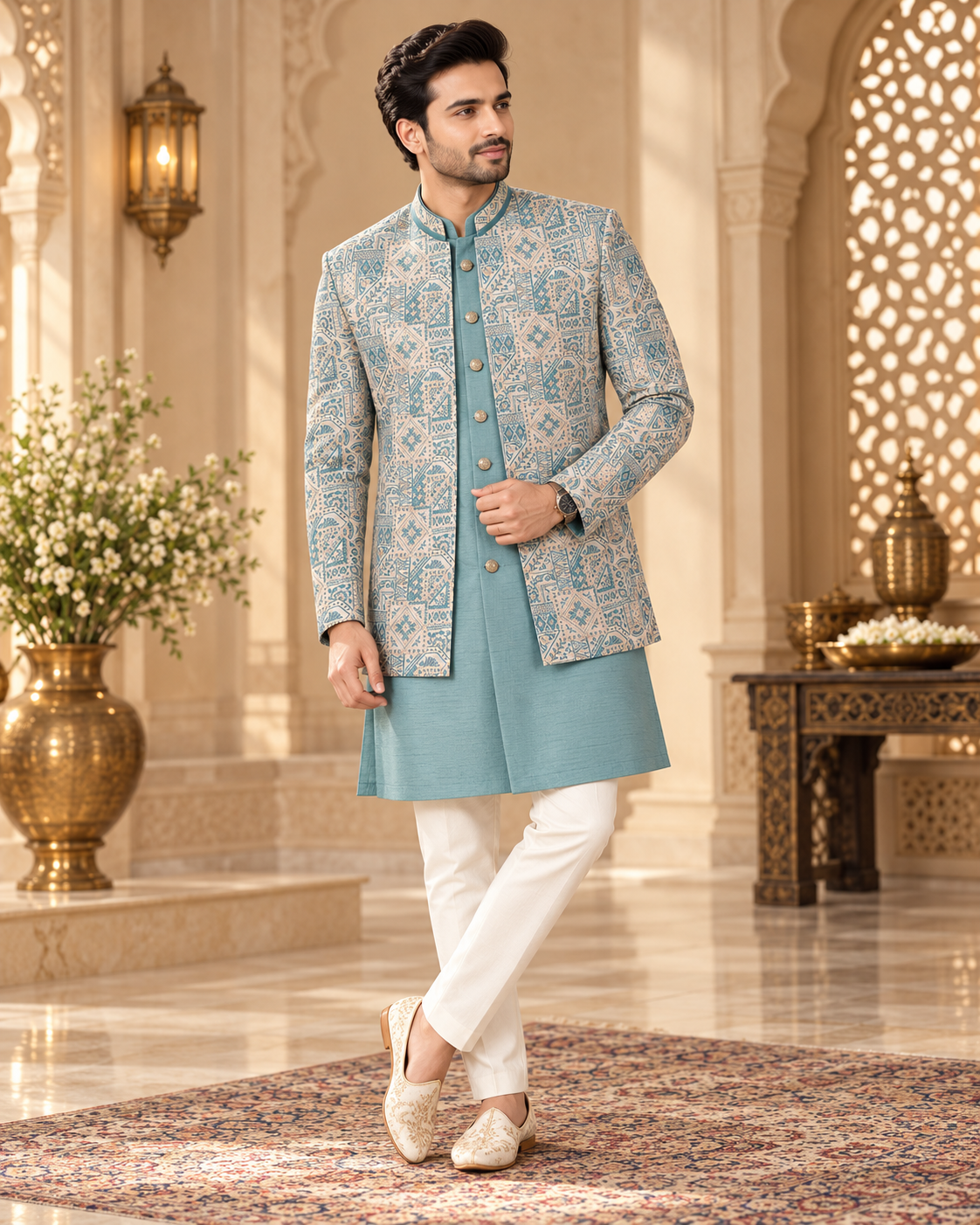 Men's Aqua Blue Geometric Printed Jacket & Kurta – 2-Piece Set