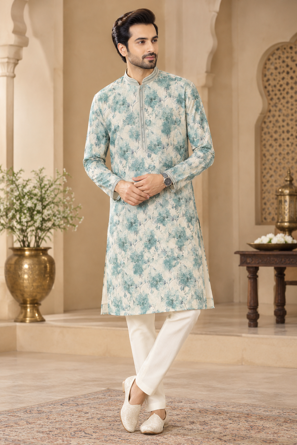 Aqua Blue Floral Printed Straight Fit Kurta