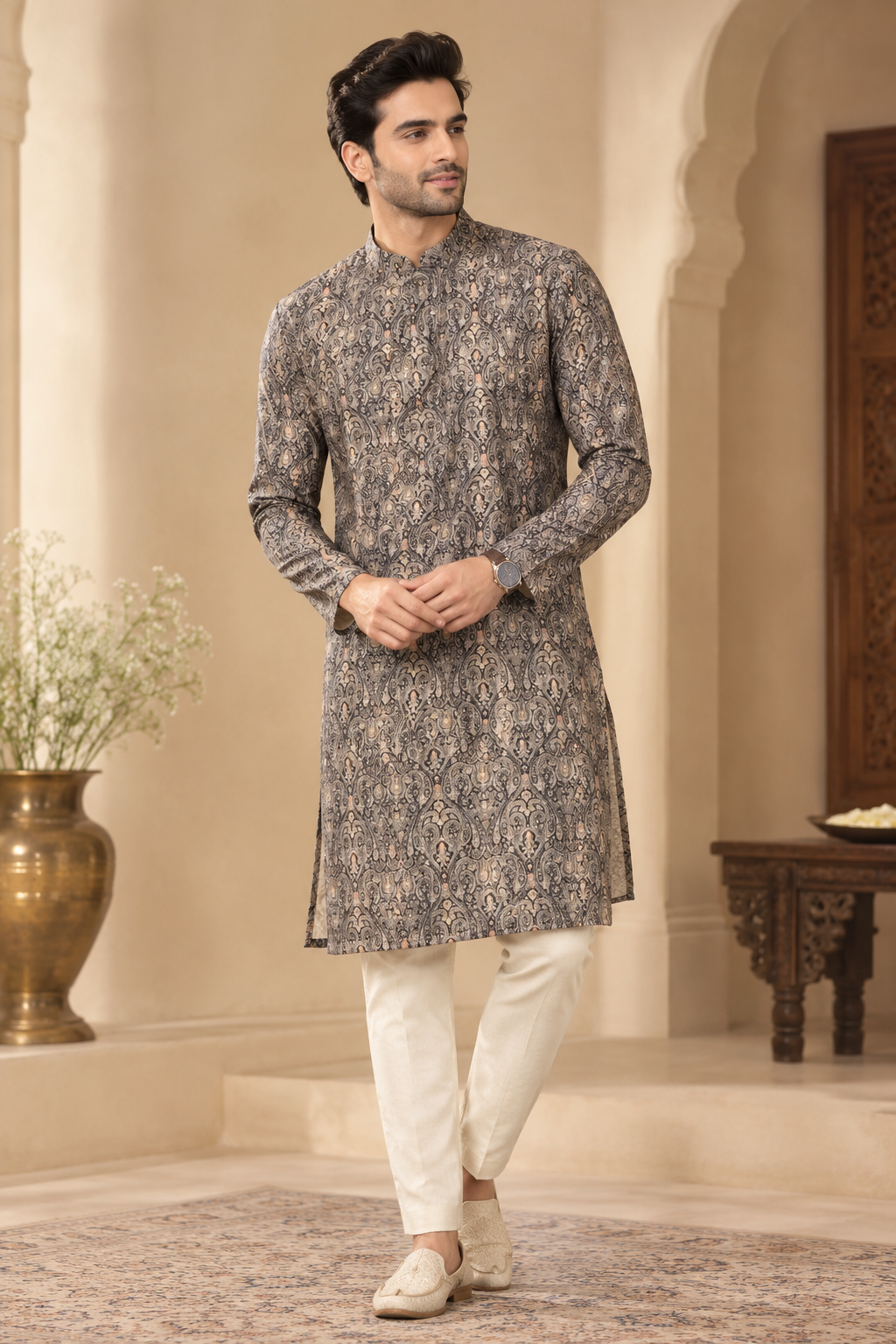 Charcoal Grey Printed Straight Fit Kurta