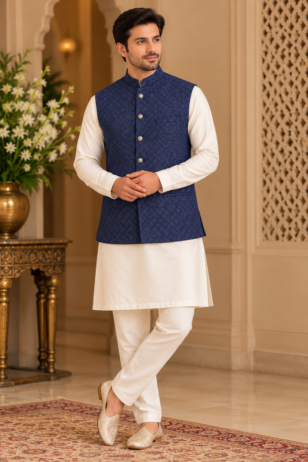 Royal Midnight Navy Blue Textured Nehru Jacket