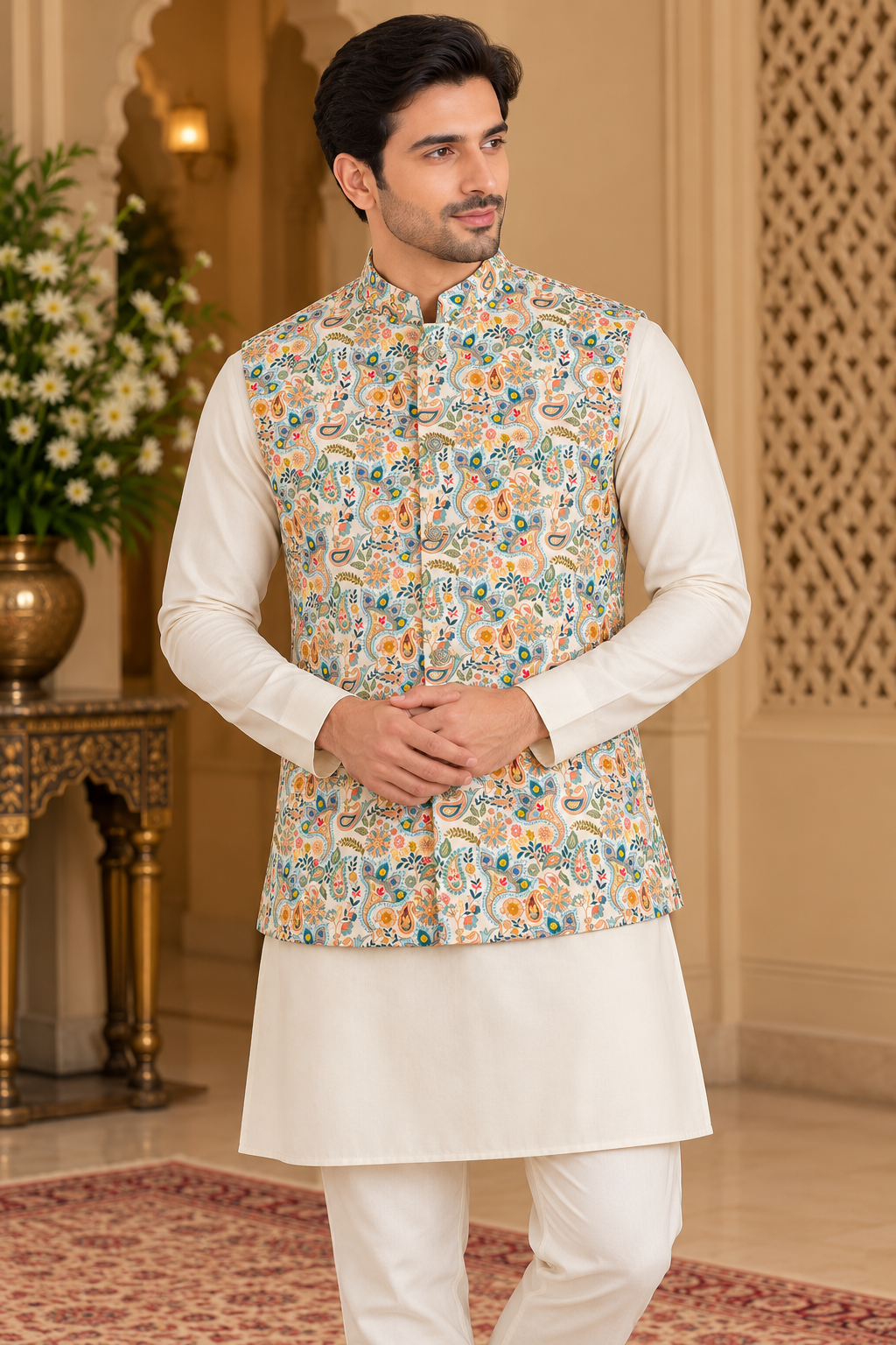 Royal Ivory Multicolour Floral Paisley Nehru Jacket