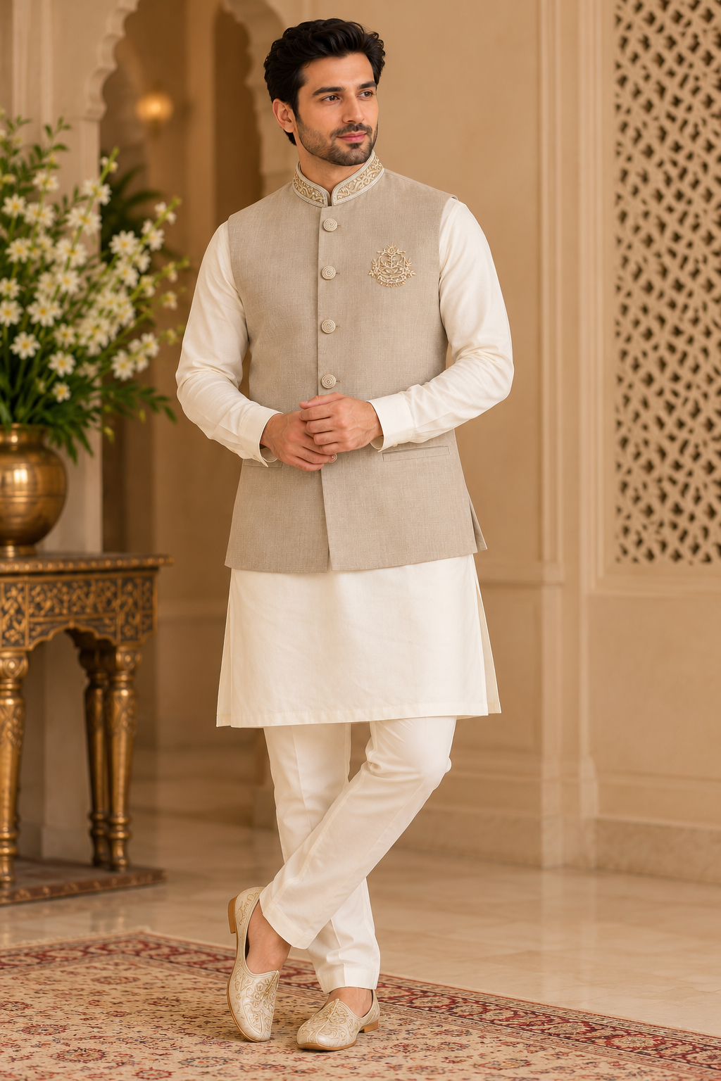 Royal Champagne Beige Embroidered Nehru Jacket