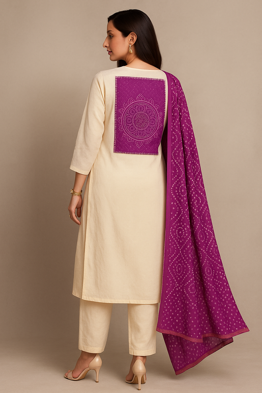 Bandhani Grace Kurta Set – Cream Gold & Royal Plum