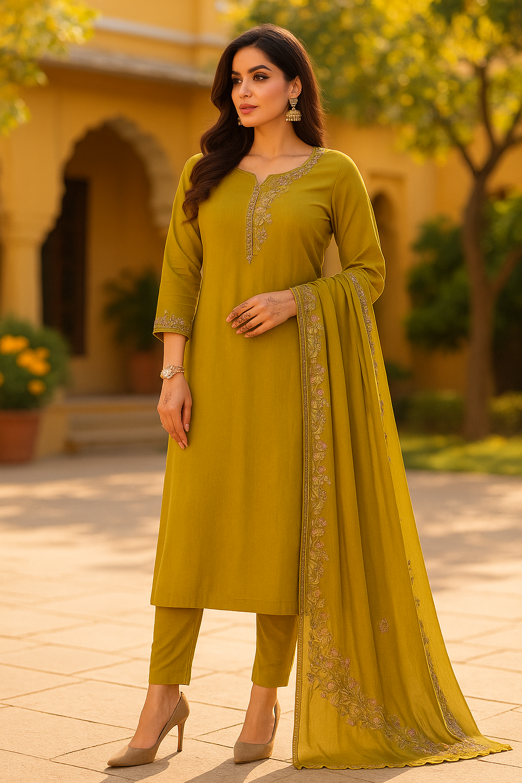 Olive Bloom Embroidered Salwar Set