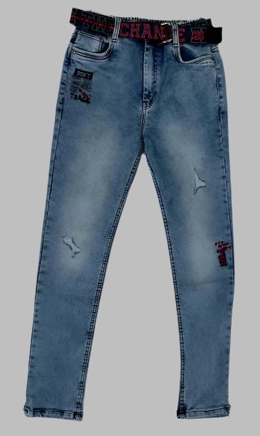 Light blue distressed jeans with patch details, belt, and printed accents for casual wear