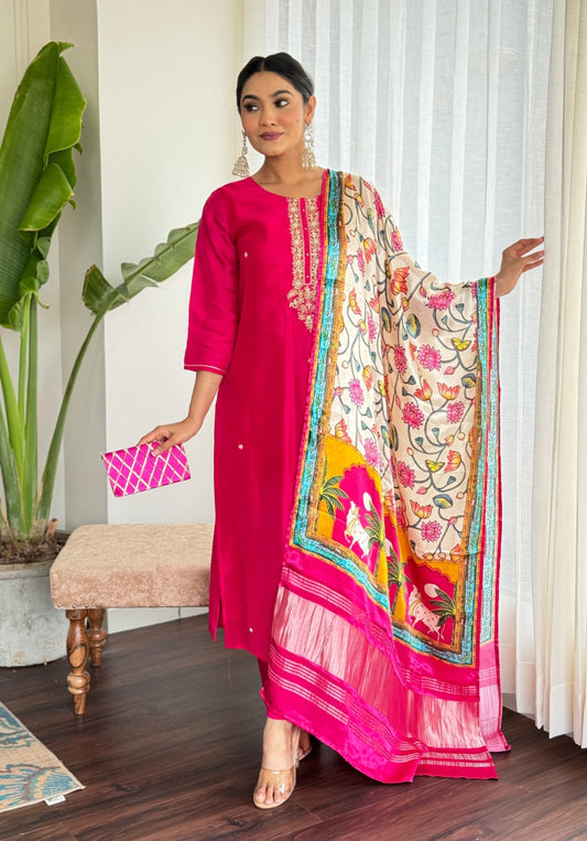 Exotic Pink designer Silk salwar suit with printed dupatta