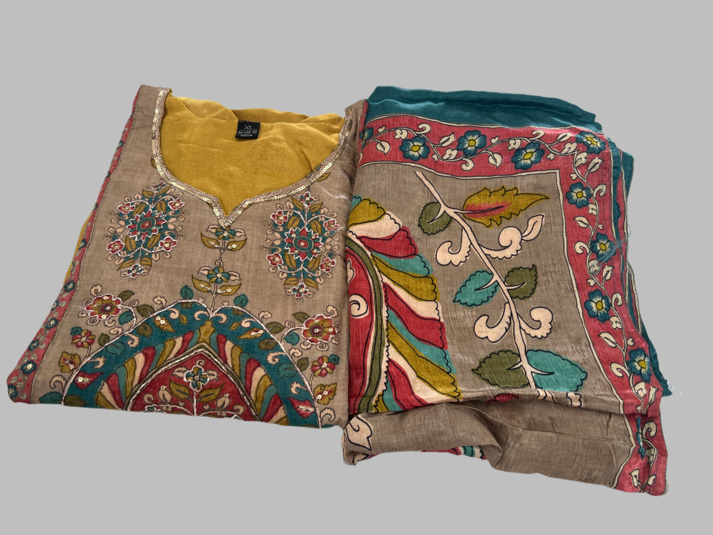 Mustard Yellow Gaji Silk printed handwork Salwar Suit