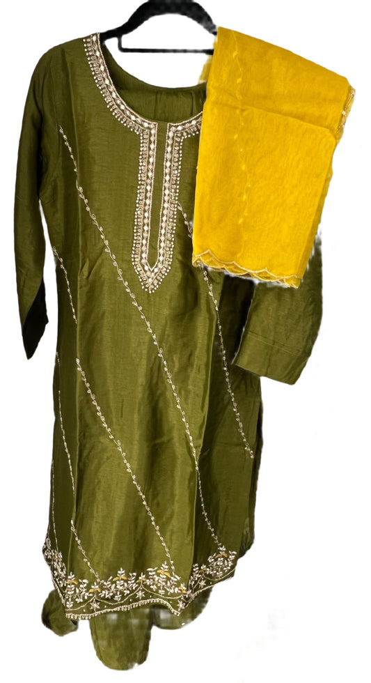 Olive green embroidered kurta with yellow dupatta, festive ethnic wear for women