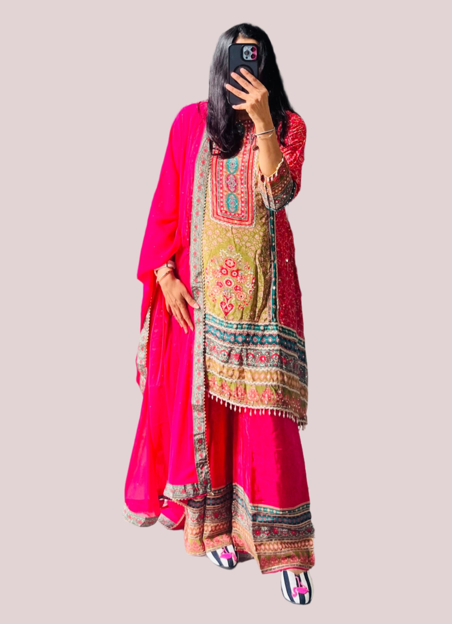 Gulbahar Bloom: Fuchsia & Olive Embroidered Salwar Suit with Dupatta