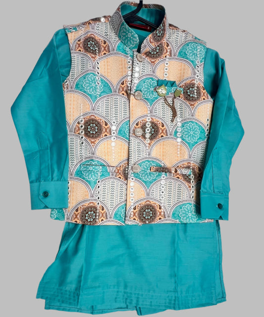 Boys Premium Cotton Kurta, Pyjama & Koti Set - Blue