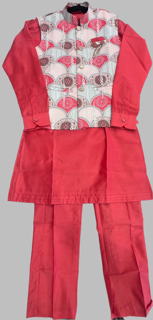Boys Premium Cotton Kurta, Pyjama & Koti Set – Red