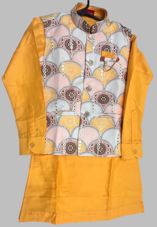 Boys Premium Cotton Kurta, Pyjama & Koti Set – Yellow