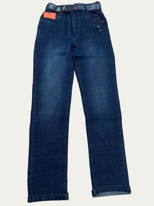 Dark blue straight fit denim jeans with graphic belt, laid flat on light background