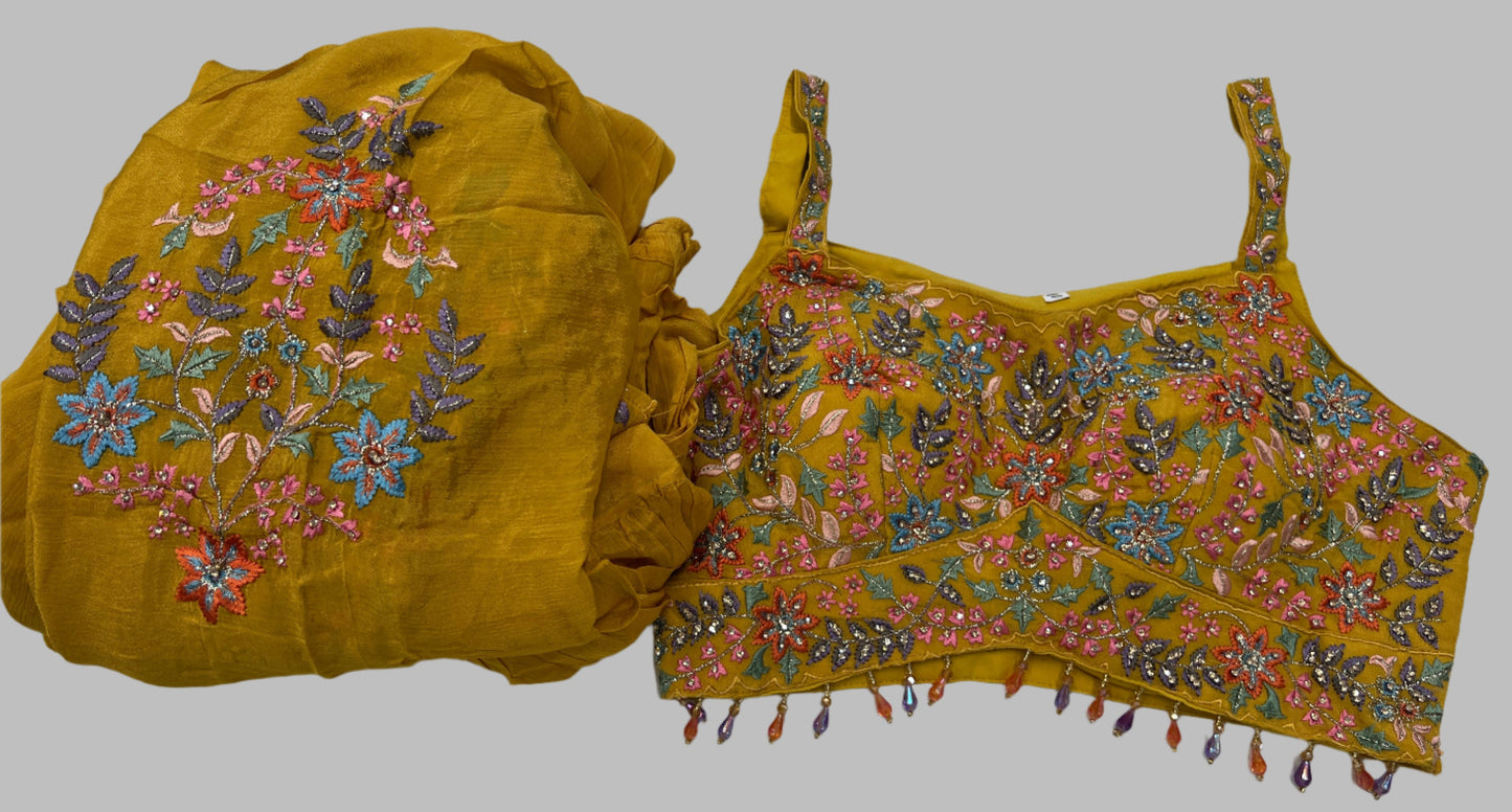 Mustard Yellow Silk Handwork Spaghetti Crop Top and Skirt with Dupatta