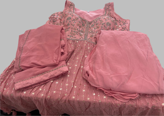 Pink Georgette Silk Embroidered Crop Top with sharara and Jacket