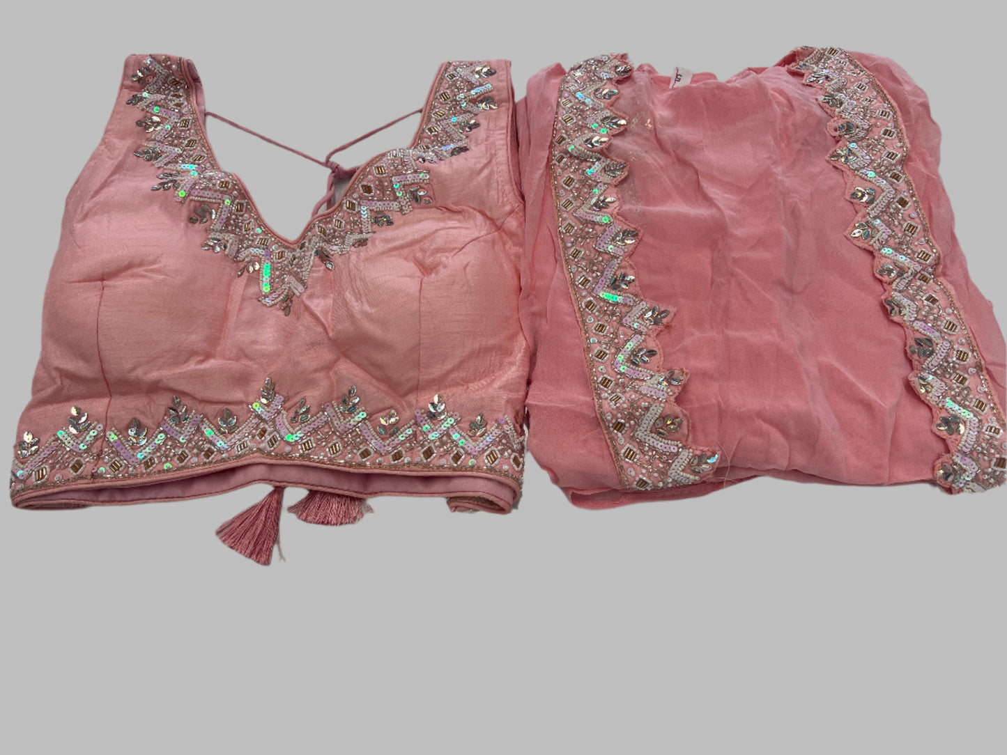 Baby Pink Chinon Handwork Crop Top with Sharara and Jacket