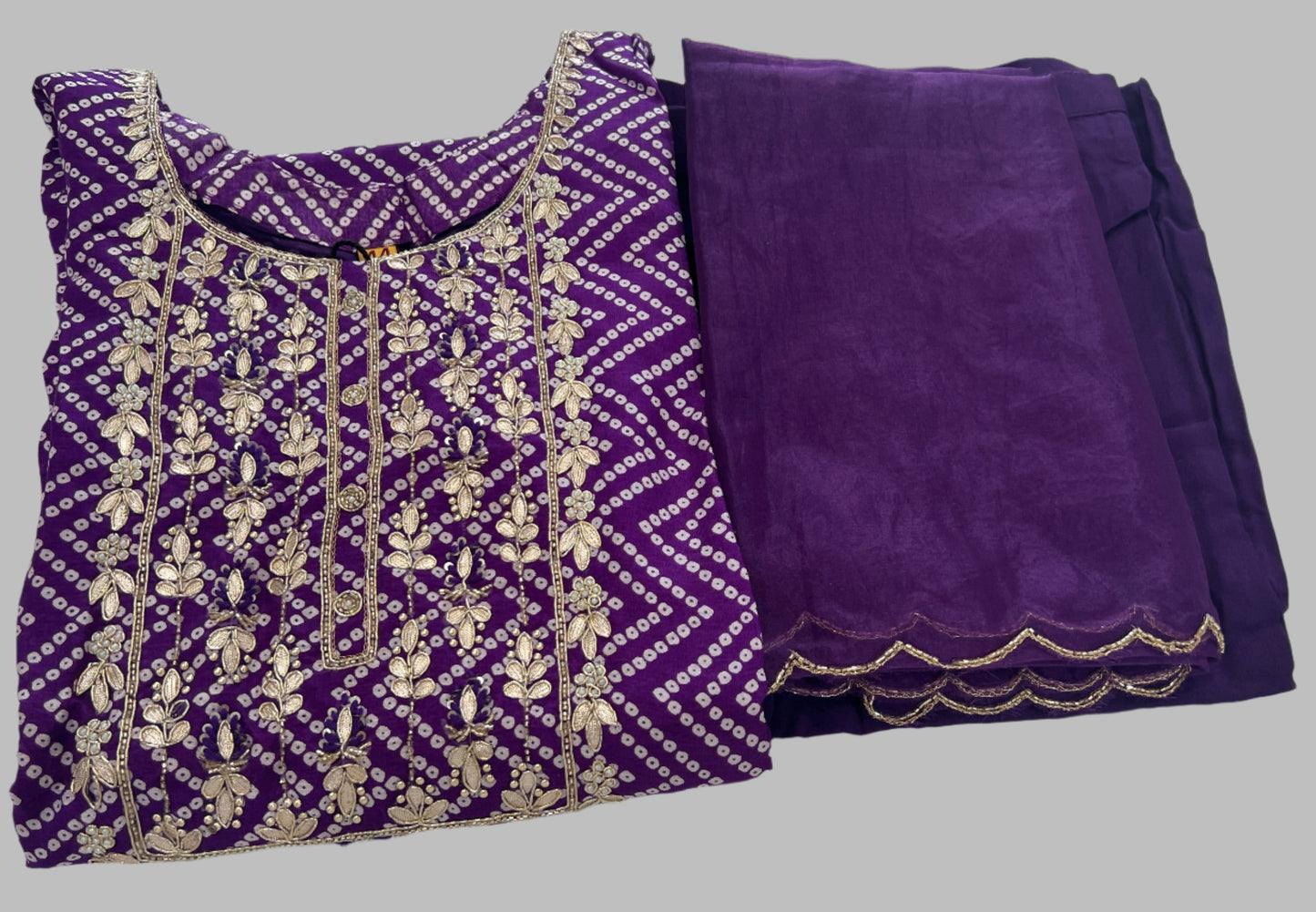 Bandhani Salwar Suit with Tissue Silk Dupatta