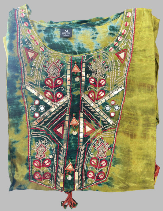 Green and yellow embroidered kurta with traditional mirror work and colorful thread detailing