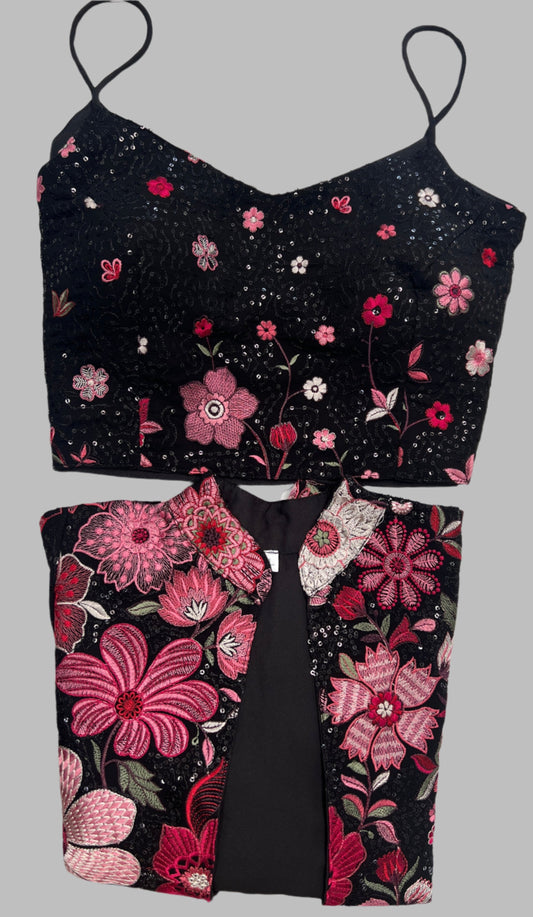 Black sequin crop top and jacket set with pink floral embroidery, festive ethnic wear