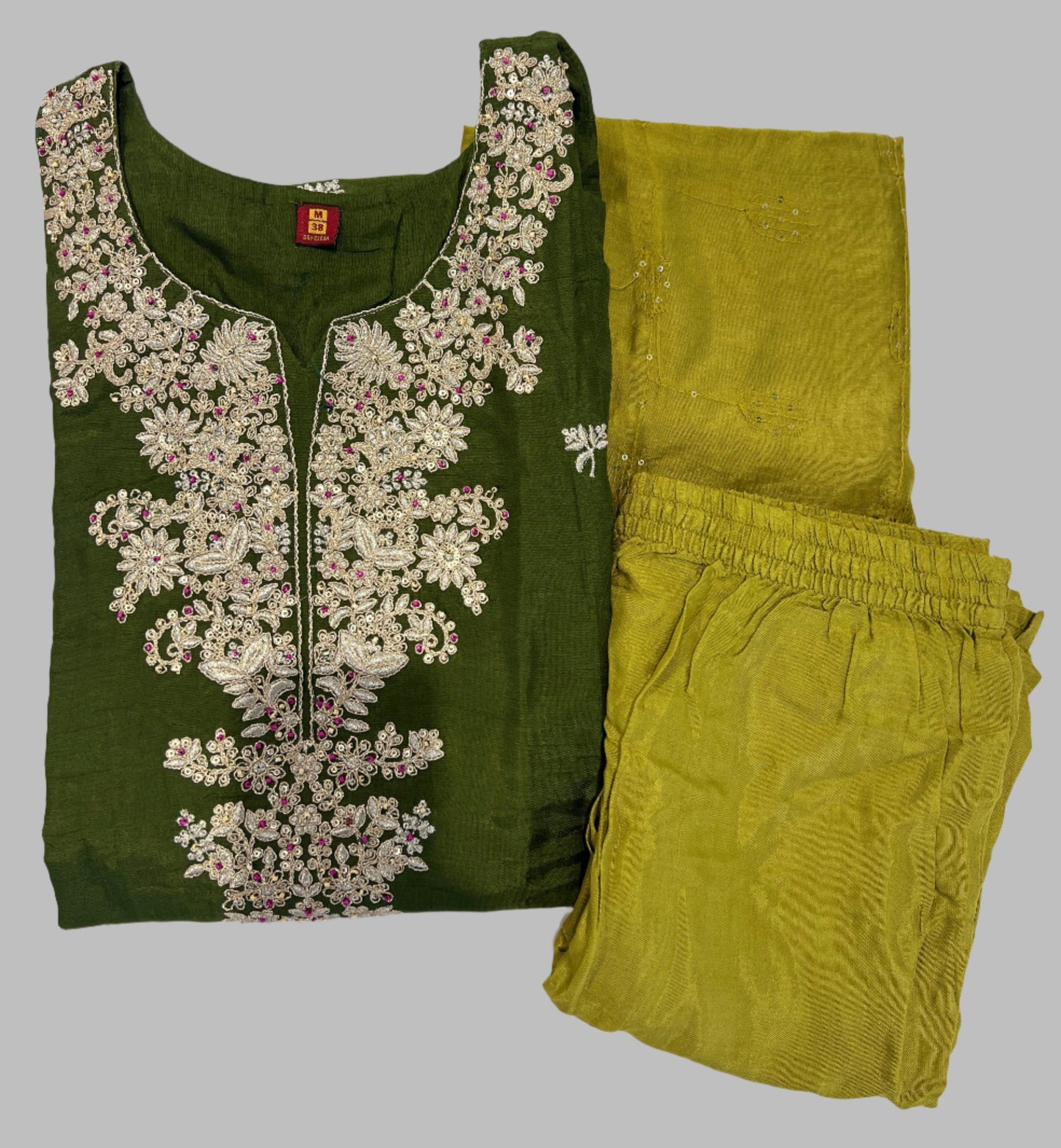 Olive Green Cotton Silk embroidered Salwar Suit with contrast dupatta