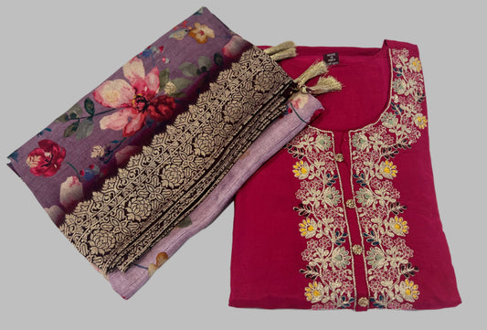 Pink embroidered kurta with floral dupatta and gold detailing, festive ethnic wear