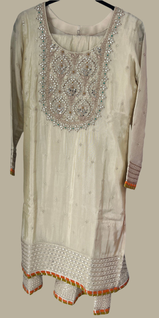 Ivory Whisper Designer Sunflower Embroidered Kurta and Skirt Set