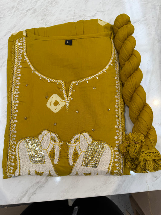 Royal Mustard Elephant Embroidered Anarkali Set with Dupatta
