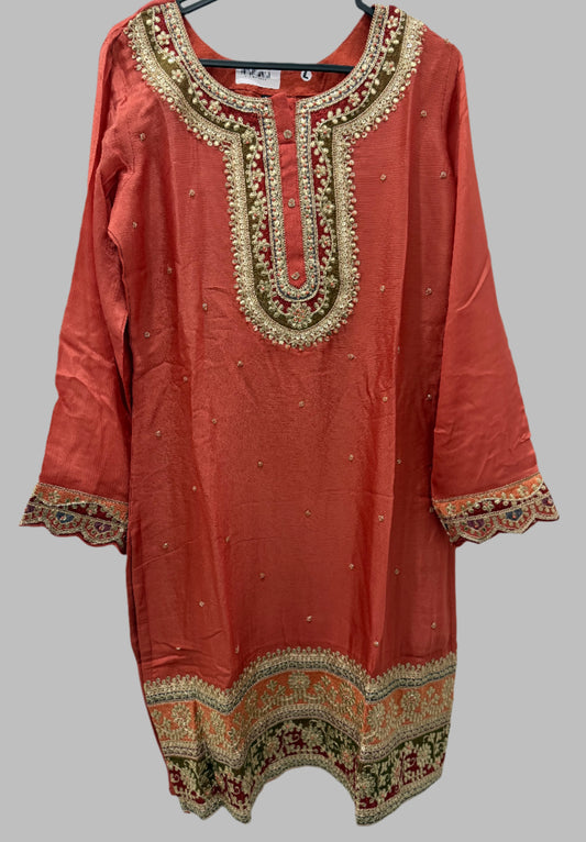 Peach Gold Embroidered Kurta Lehenga Set with Velvet Dupatta