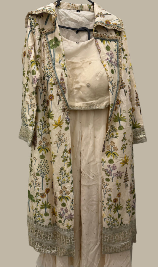 Cream Floral Jacket Set with Sleeveless Crop Top & Palazzo