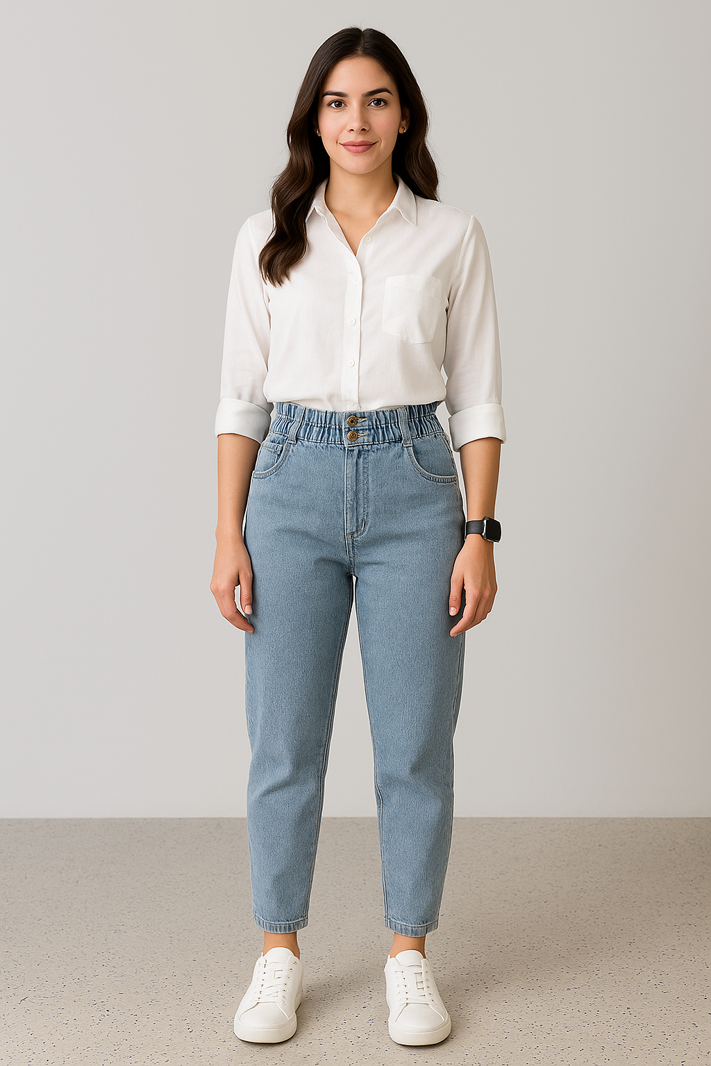 Woman wearing a white shirt and light blue jeans against a plain background