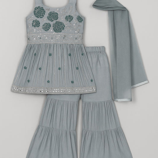 Silver Gray Embroidered Sharara Set - 6817