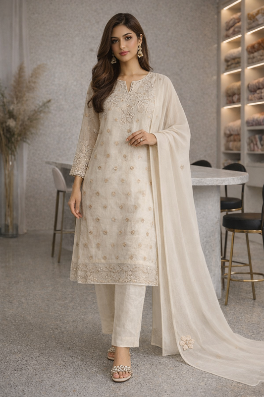 Woman in a beige embroidered outfit standing in a modern interior setting.