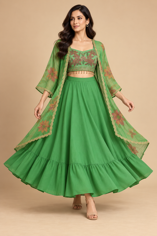 Meadow green Indo-Western three-piece set with embroidered choli, floral jacket and full flared skirt