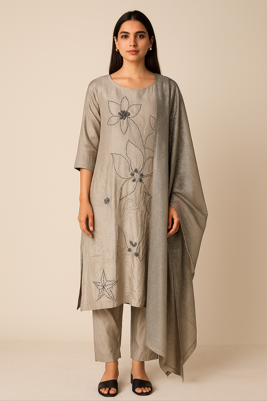Metallic Grey Embroidered Cotton-Silk Kurta Set with Dupatta