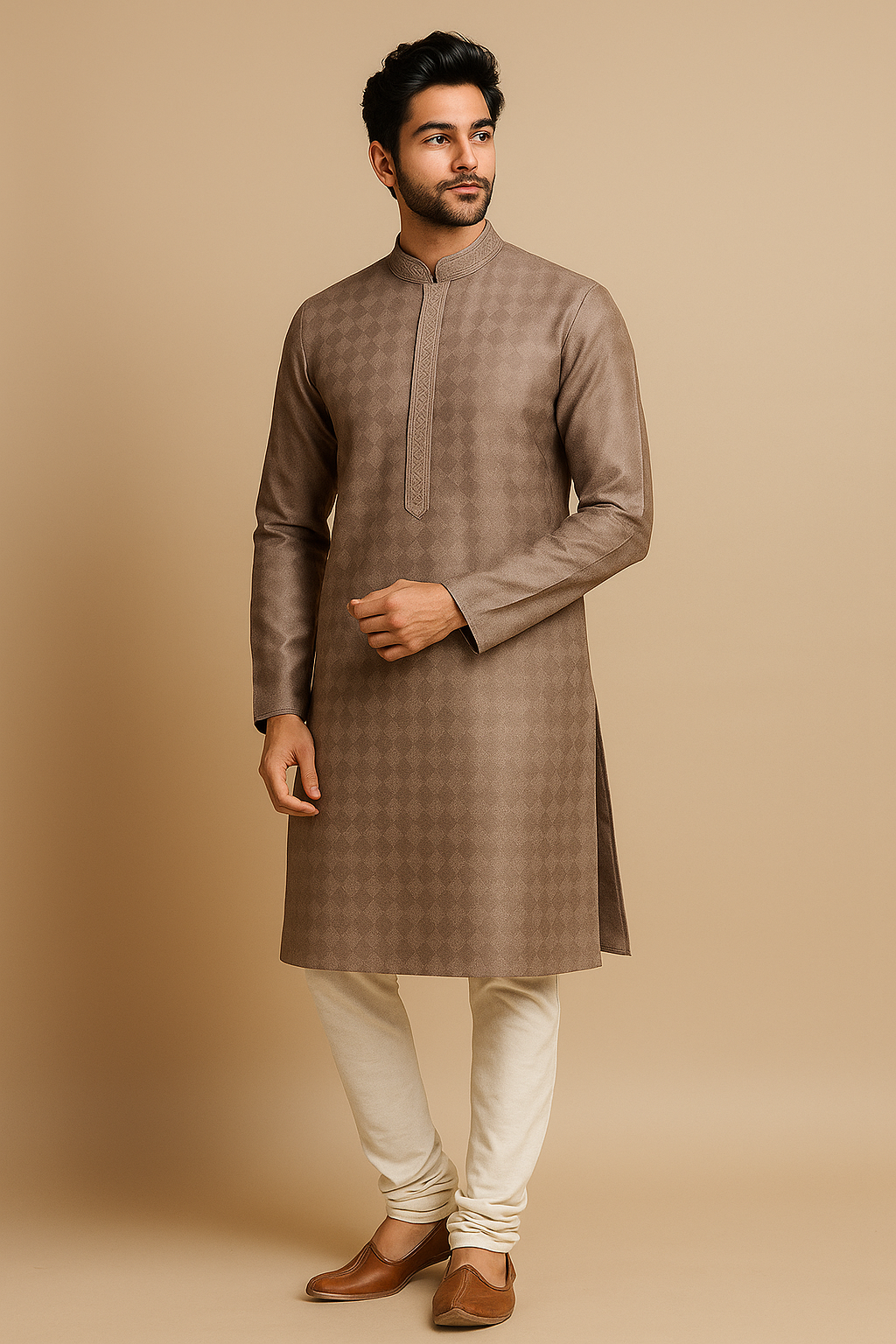 Man wearing a brown kurta with white pants on a beige background
