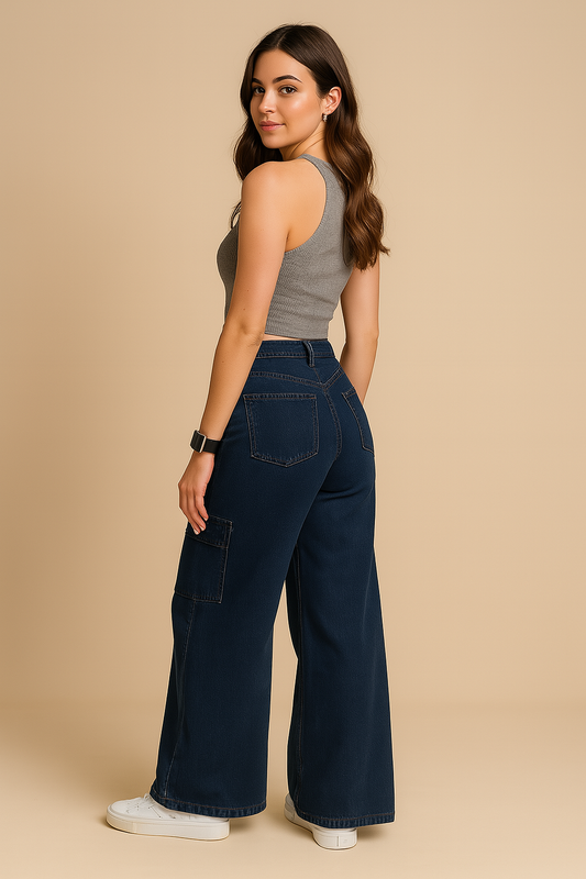 Woman wearing a gray tank top and dark blue wide-leg jeans on a beige background