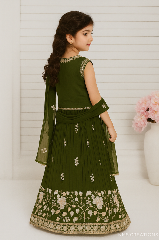 Olive Green Floral Embroidered Lehenga Choli Set