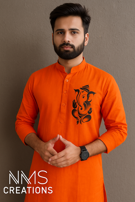 Man wearing an orange kurta with a black design on a brown background, branded 'NMS Creations'.
