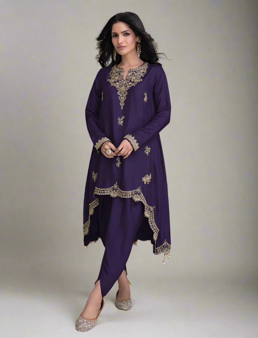 Purple designer suit with long top and dhoti style bottom
