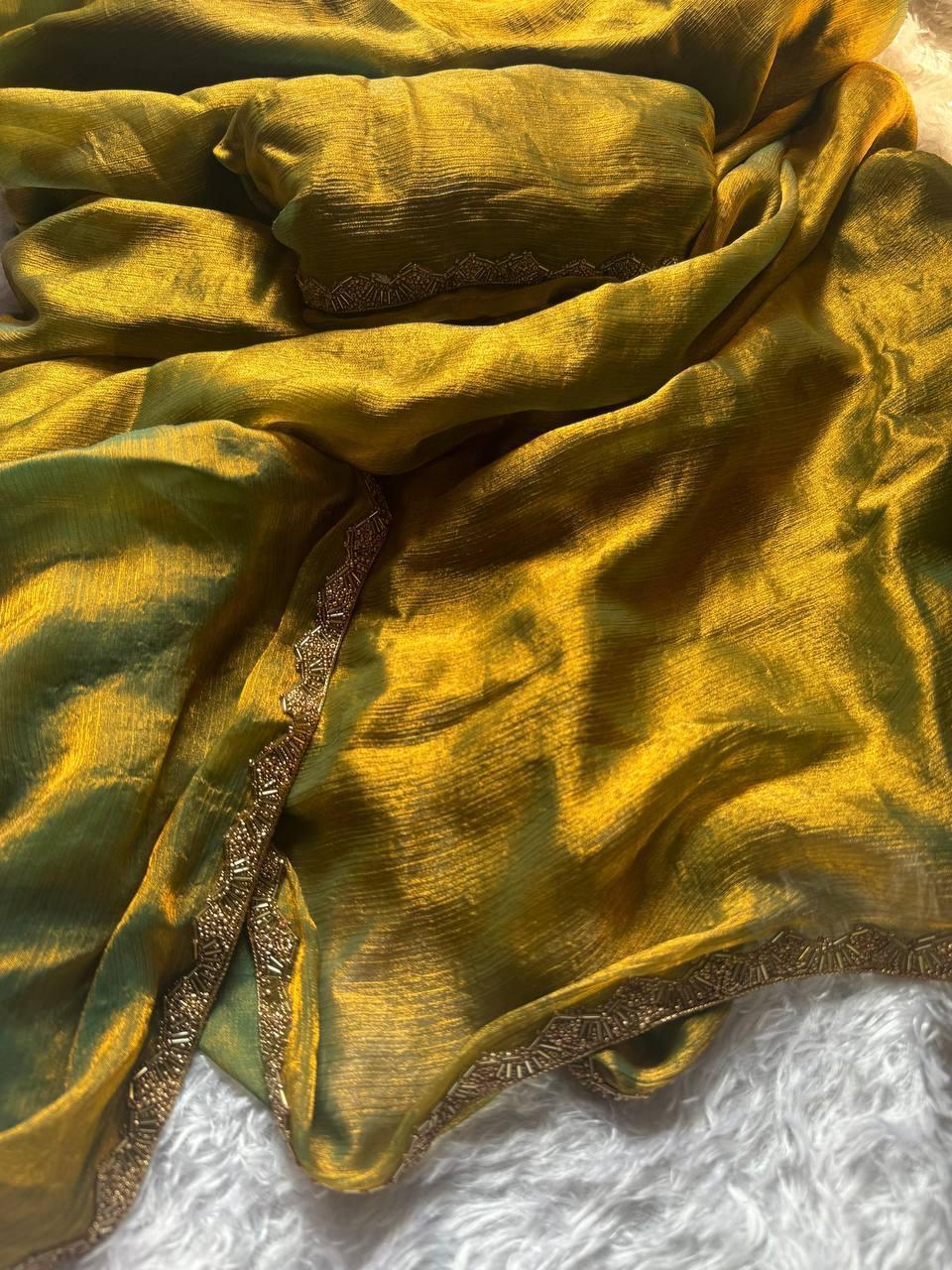 Olive Gold Organza Saree – Sheer Elegance with a Luxe Shine