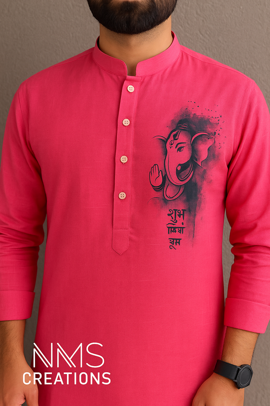 Person wearing a pink kurta with a graphic design on a gray background, branded 'NMS Creations'.