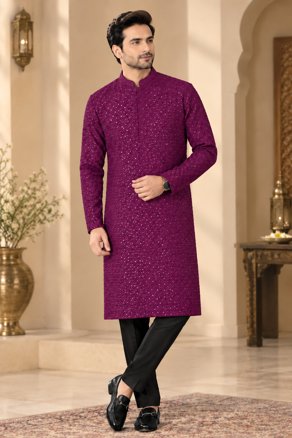 Royal Plum Purple Sequin Embellished Straight Fit Kurta