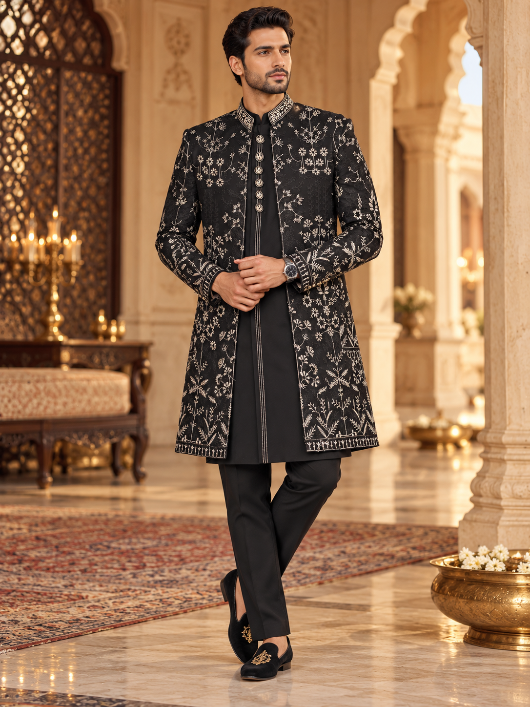 Royal Midnight Black and Gold Floral Embroidered Sherwani – 2-Piece Set