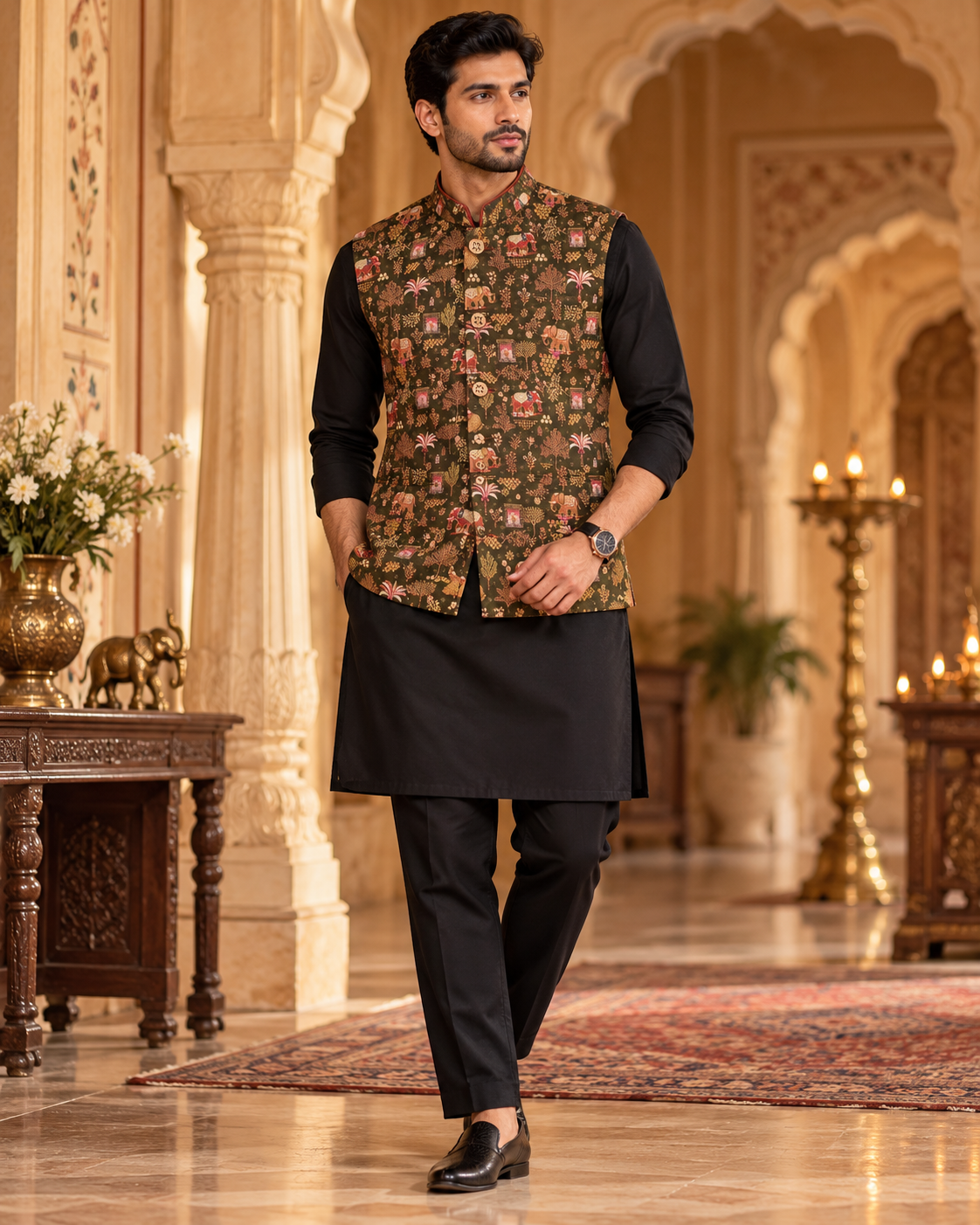 Men's Olive Green Elephant Print Nehru Jacket