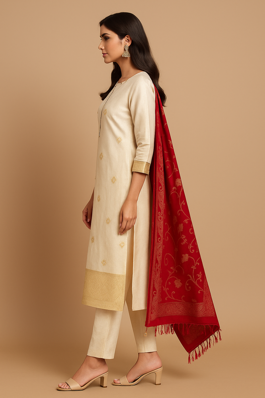 Woman wearing a cream kurta with a red dupatta on a beige background